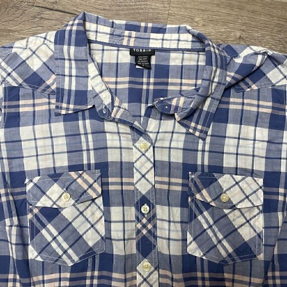 Torrid Camp Shirt Plaid Blue Roll Tab Sleeve Plus Size 2 Cotton Casual - Picture 4 of 8